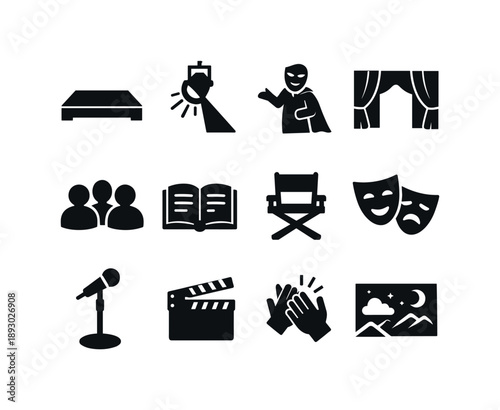 Theater Performance Icons. A live theater performance with actors wearing masks. Solid icon set of A live theater performance with actors wearing masks: stage