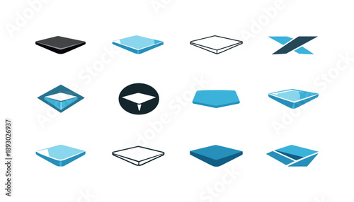Glass Tabletop Logos. glass tabletop. Icon set. Set Logo of glass tabletop: modern table plane. harmonious logo variations of the same emblematic concept, each