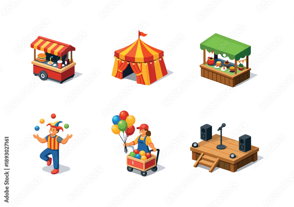 Naklejka premium Outdoor Fair Icons. Outdoor fair illustrations. Isometric flat vector icons set of Outdoor fair illustrations: street food kiosk, festival tent, artisan stall,