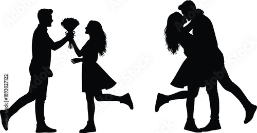 Romantic couple silhouette illustration, man proposing with bouquet and loving kiss pose, relationship concept, wedding engagement scene, black vector art, isolated on white background