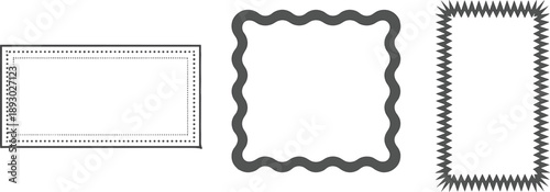 Three rectangular frames with distinct borders—dotted double line, wavy edge, and jagged spikes—for design and UI variation