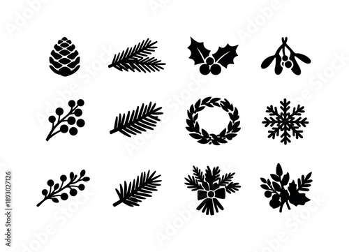 Christmas Greenery Icons. Christmas greenery illustration. Solid icon set of Christmas greenery illustration: pine cone, evergreen branch, holly leaves,