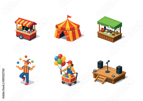 Outdoor Fair Icons. Outdoor fair illustrations. Isometric flat vector icons set of Outdoor fair illustrations: street food kiosk, festival tent, artisan stall,
