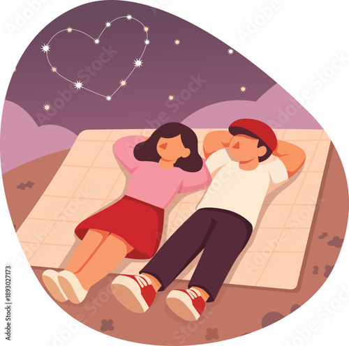 Couple on picnic blanket stargazing at heart shaped constellation during date Vector illustration