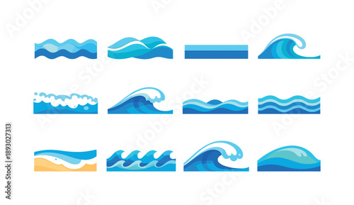 Colorful Sea Icons. Calm rolling sea. Colorful flat vector icons set of Calm rolling sea: soft wave motion, low tide swell, smooth ocean line, water curve, sea