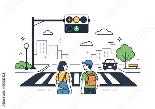 Urban Traffic Harmony. Stoplight and crosswalk view. A calm urban scene with a traffic light above a pedestrian crosswalk, seen from a street-level