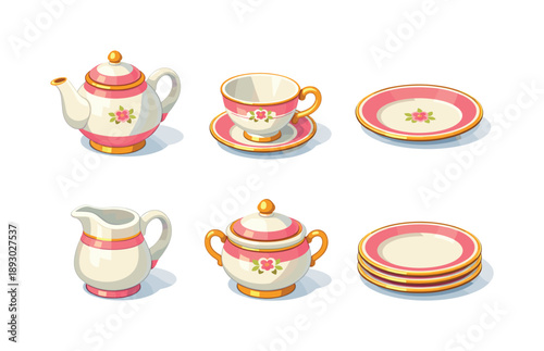 Classic Teaware Icons. Classic Teaware. Isometric flat vector icons set of Classic Teaware: traditional teapot, vintage teacup, matching saucer, porcelain milk