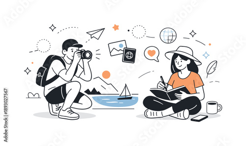 Creative Travel Bloggers. Travel bloggers illustration. A pair of content creators capturing photos and writing notes near a scenic location, relaxed and