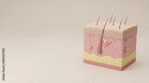 3d rendered cross section of human skin layers with hair follicles on beige