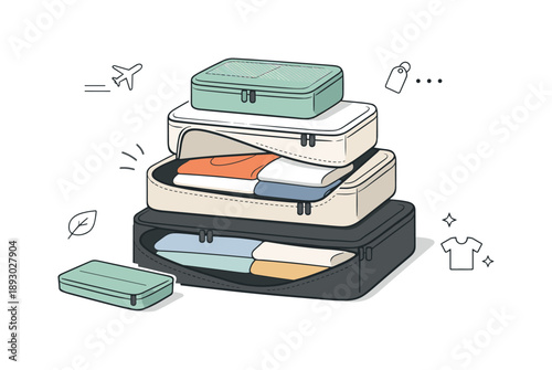 Organized Travel Packing. Neutral packing cubes for travel. Several packing cubes stacked and partially opened, folded clothes hinted inside with simple