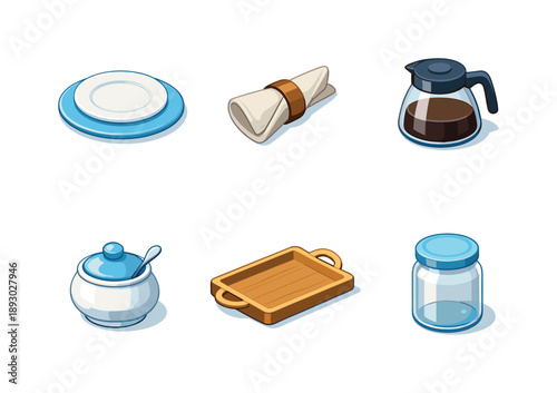 Isometric Brunch Tableware. Brunch Tableware. Isometric flat vector icons set of Brunch Tableware: ceramic plates, linen napkin, coffee pot, sugar bowl,
