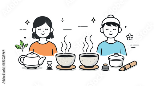 Serene Tea Ritual. Ceramic tea ritual. Stoneware tea cups with gentle steam rising, suggesting warmth, slow living, and a peaceful daily moment. Minimalist