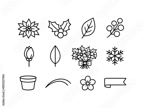 December Floral Icons. December birth flowers. Line icon set of december birth flowers: poinsettia, holly sprig, leaf, berry cluster, bud, petal outline,