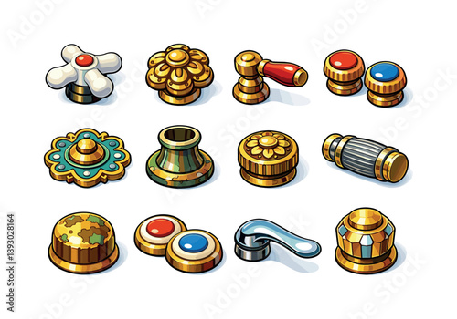 Vintage Faucet Icons. Vintage Faucet Handles. Colorful isometric vector icons set of Vintage Faucet Handles: porcelain cross handle, carved brass knob, retro