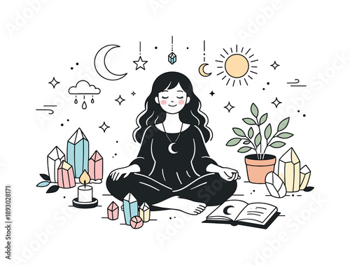 Whimsigoth Magic Scene. Whimsigoth mood scene. A calm character surrounded by crystals, plants, and celestial decor reflects introspection and quiet magic. The