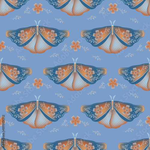 Butterfly with floral ornamebt on wings vector seamless pattern, swedish text...
