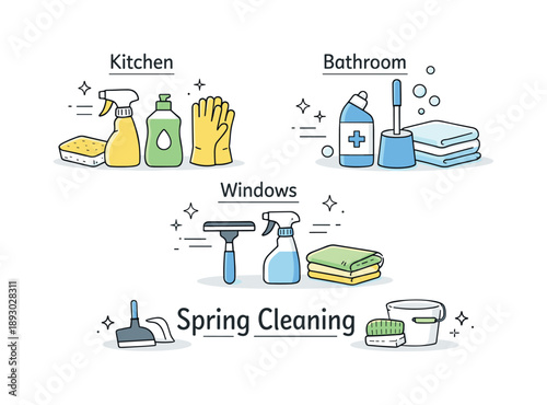 Spring Cleaning Essentials. Spring cleaning tools and labels. A tidy flat lay of cleaning supplies with simple text labels like ?kitchen?,