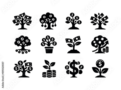 Money Tree Icons. Money tree. Solid icon set of Money tree: tree with banknotes leaves, coin hanging tree, growing money plant, cash branches, coin roots,