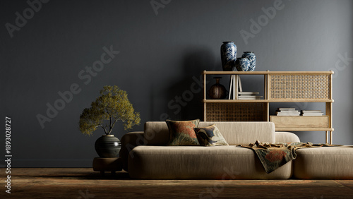 Fotografía Elegant japandi dark moody interior featuring generous negative space, warm natural materials, and modern luxury design for a calm and visually striking composition
