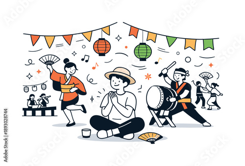 Festive Dance Celebration. Traditional festival celebration. A character enjoying music and dance performances surrounded by banners, lanterns, and patterns.