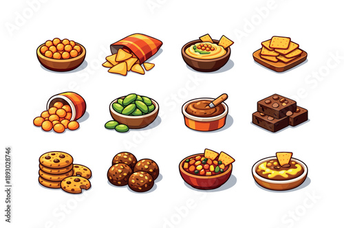 Bean-Based Snack Icons. Bean-Based Snacks. Colorful isometric vector icons set of Bean-Based Snacks: roasted chickpeas, bean chips, hummus dip, bean crackers,