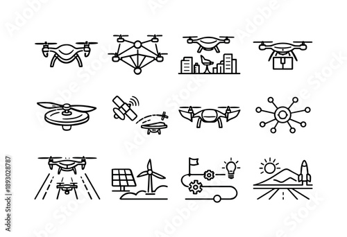 Future Drone Icons. Future autonomous drones. Line icon set of Future autonomous drones: next gen drone design, swarm intelligence, urban air mobility, smart
