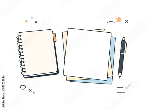 Minimalist Workspace Setup. Workspace essentials neutral. Notebook, pen, and paper stacked gently on a desk, neutral colors and simple forms. Thoughtful work