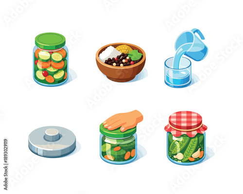 Pickling Process Icons. Pickling Process. Isometric flat vector icons set of Pickling Process: sliced vegetables jar, spice mix bowl, pouring brine stream,