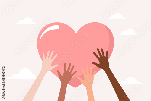 Hands of people of different nationalities and skin tones holding a big red heart above them, flat vector illustration