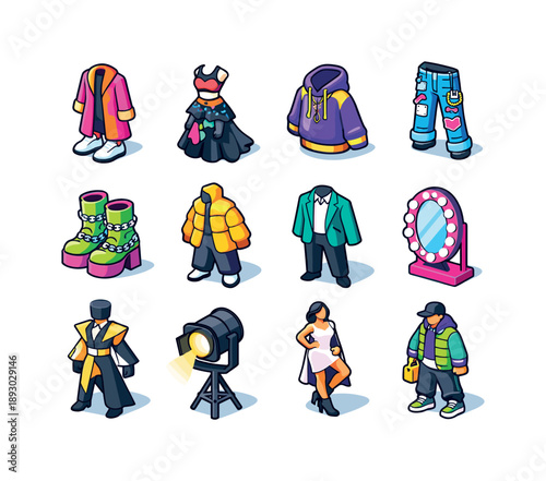 Urban Couture Icons. Urban couture. Colorful isometric vector icons set of Urban couture: couture coat with sneakers, street-inspired gown, luxury fabric