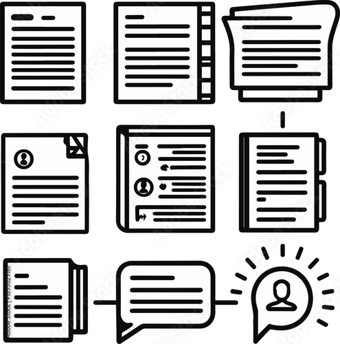  corporate communication objects, official announcement document, internal memo paper, communication guideline booklet, message approval flow, corporate voice icon, bold black thick outline line art 2