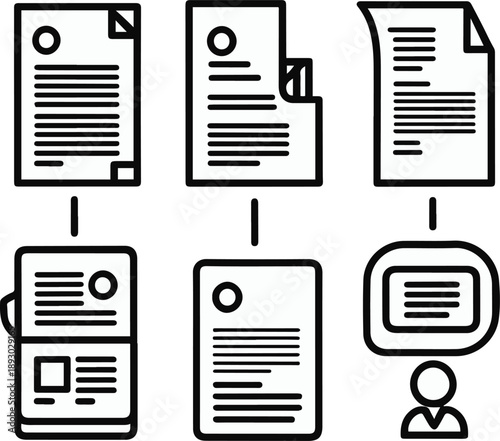 corporate communication objects, official announcement document, internal memo paper, communication guideline booklet, message approval flow, corporate voice icon, bold black thick outline line art
