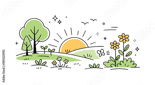 Sunlit Nature Revival. Nature illuminated again. Trees, plants, or fields softly lit by returning sunlight. Sense of growth, warmth, and life slowly coming