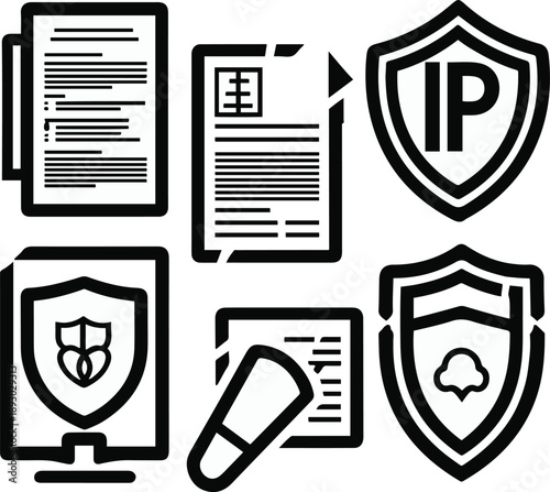intellectual property objects, patent document, copyright symbol page, trademark registration paper, IP protection shield, licensing agreement icon, bold black thick outline line art 1.