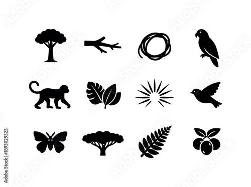 Jungle Canopy Icons. Jungle canopy layer. Solid icon set of jungle canopy layer: tall tree, branch silhouette, vine loop, parrot silhouette, monkey silhouette,