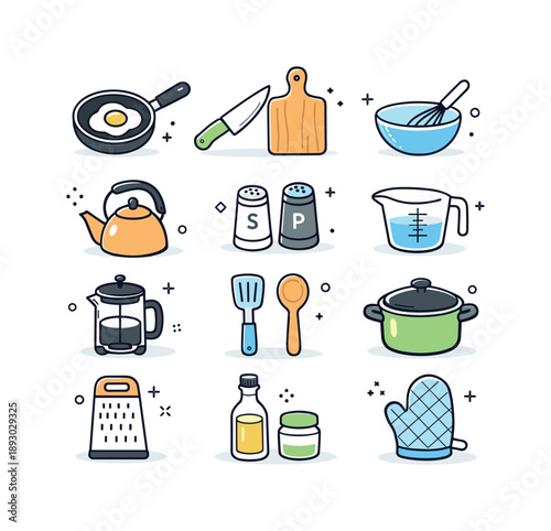 Minimalist Kitchen Icons. Kitchen essentials icon collection. Everyday kitchen objects grouped together with consistent style and size. Friendly, practical