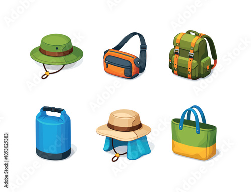 Colorful Outdoor Gear Icons. Outdoor accessories. Isometric flat vector icons set of outdoor accessories: hiking hat, sling bag, utility backpack, waterproof