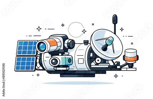 Space Telescope Design. Space observatory instrumentation. Close-up editorial scene of sensors, solar panels, and communication arrays on a space telescope.