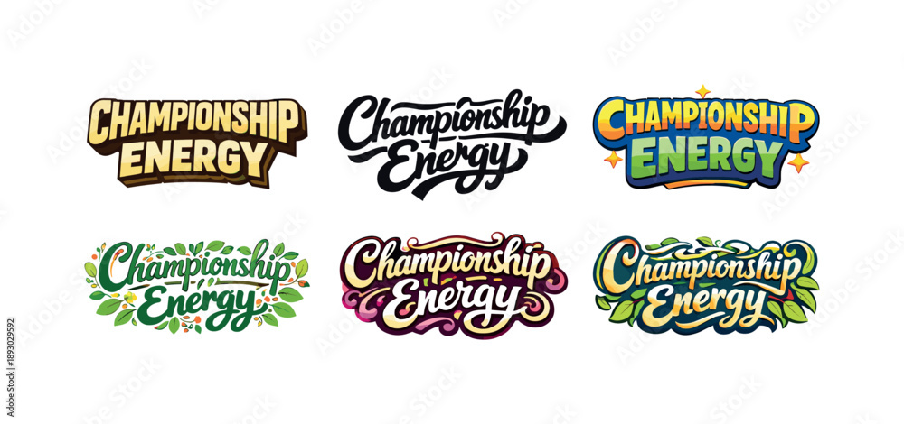 Fototapeta premium Diverse Lettering Styles. Championship energy. Set lettering. harmonious lettering variations of the same emblematic concept, each with different artistic