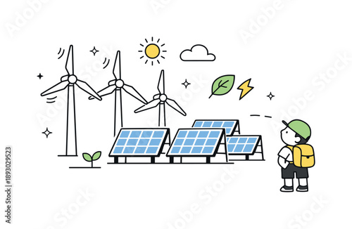Renewable Energy Illustration. Renewable energy illustration. Wind turbines and solar panels arranged neatly with a small character nearby. Clean future energy