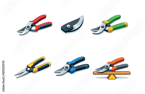 Horticulture Tools Icons. Horticulture tools. Isometric flat vector icons set of horticulture tools: lightweight pruning shears, carbon steel blade, curved