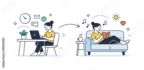 Balanced Work Lifestyle. Remote work flexibility. Person switching between work and short break at home. Balanced lifestyle, calm mood and modern work rhythm.