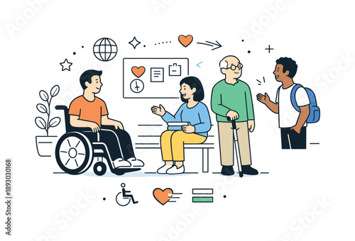 Inclusive Interaction Scene. Disability inclusion in everyday life. People with different abilities interact together in a shared space, including a wheelchair