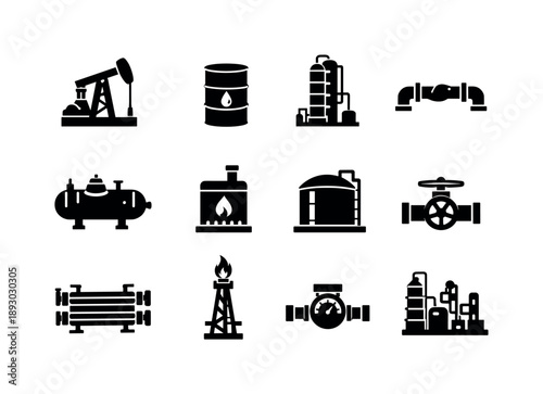 Crude Oil Icons. Crude Oil Processing. Solid icon set of Crude Oil Processing: oil pumpjack, crude barrel, distillation column, pipeline, separator vessel,