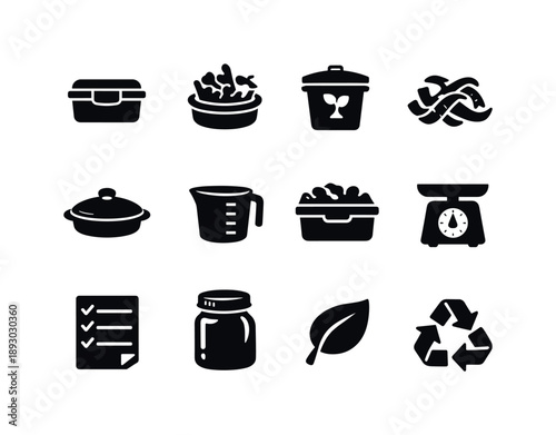 Low-Waste Cooking Icons. Low-Waste Cooking Practices. Solid icon set of Low-Waste Cooking Practices: reusable container, food scraps bowl, compost bin,