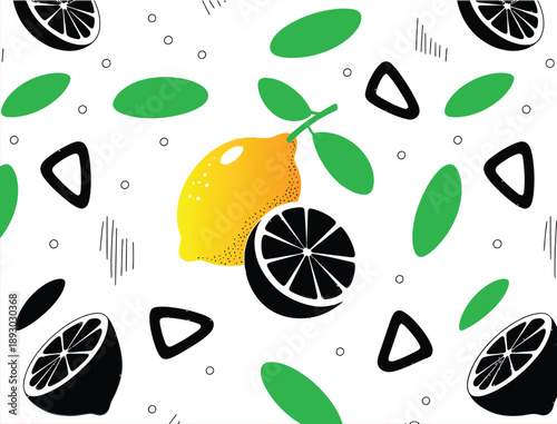 Tropical seamless pattern with yellow lemons and lemon slices. Hand drawn lemons pattern on white background. Fruit repeated background, Vector bright print for fabric, wallpaper, design