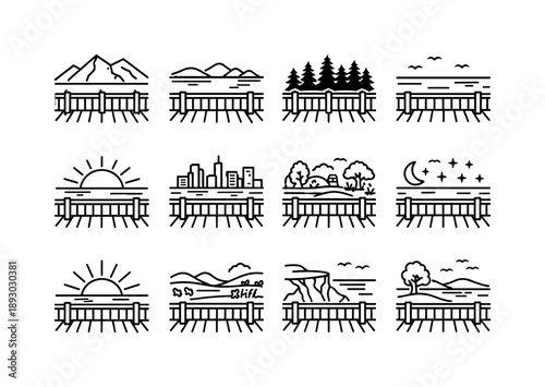 Scenic Deck Icons. Scenic Deck Views. Line icon set of Scenic Deck Views: mountain outline, lake view, forest tree line, ocean horizon, sunset icon, city