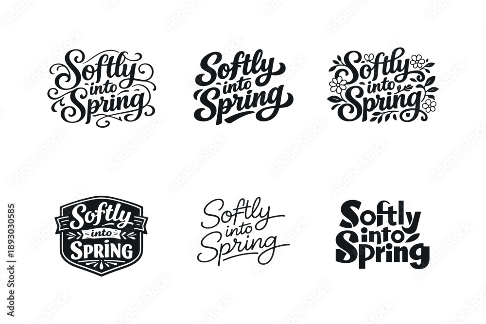 Obraz premium Spring Lettering Variations. Softly into spring. Set lettering. harmonious lettering variations of the same emblematic concept, each with different artistic