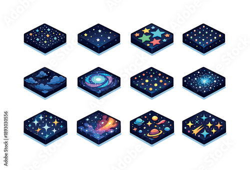 Isometric Star Icons. Starfield background. Colorful isometric vector icons set of Starfield background: dense star field, sparse star field, layered stars,