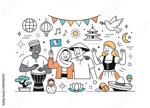 Global Cultural Celebration. Global cultural festival concept. People from different cultures celebrating together with mixed symbols and decorations. Unity,